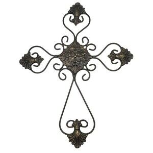 Vtg Metal Cross Rustic Wall Hanging Brass Plated Steel Christian Religious 20x16